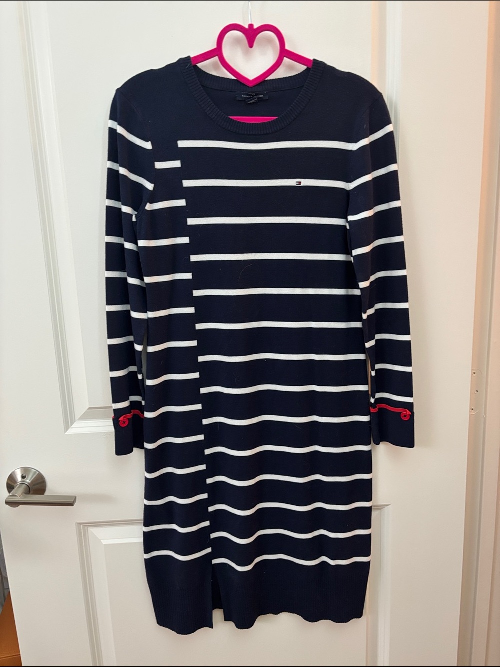Tommy Hilfiger Navy and White Striped Long Sleeve Knit Dress